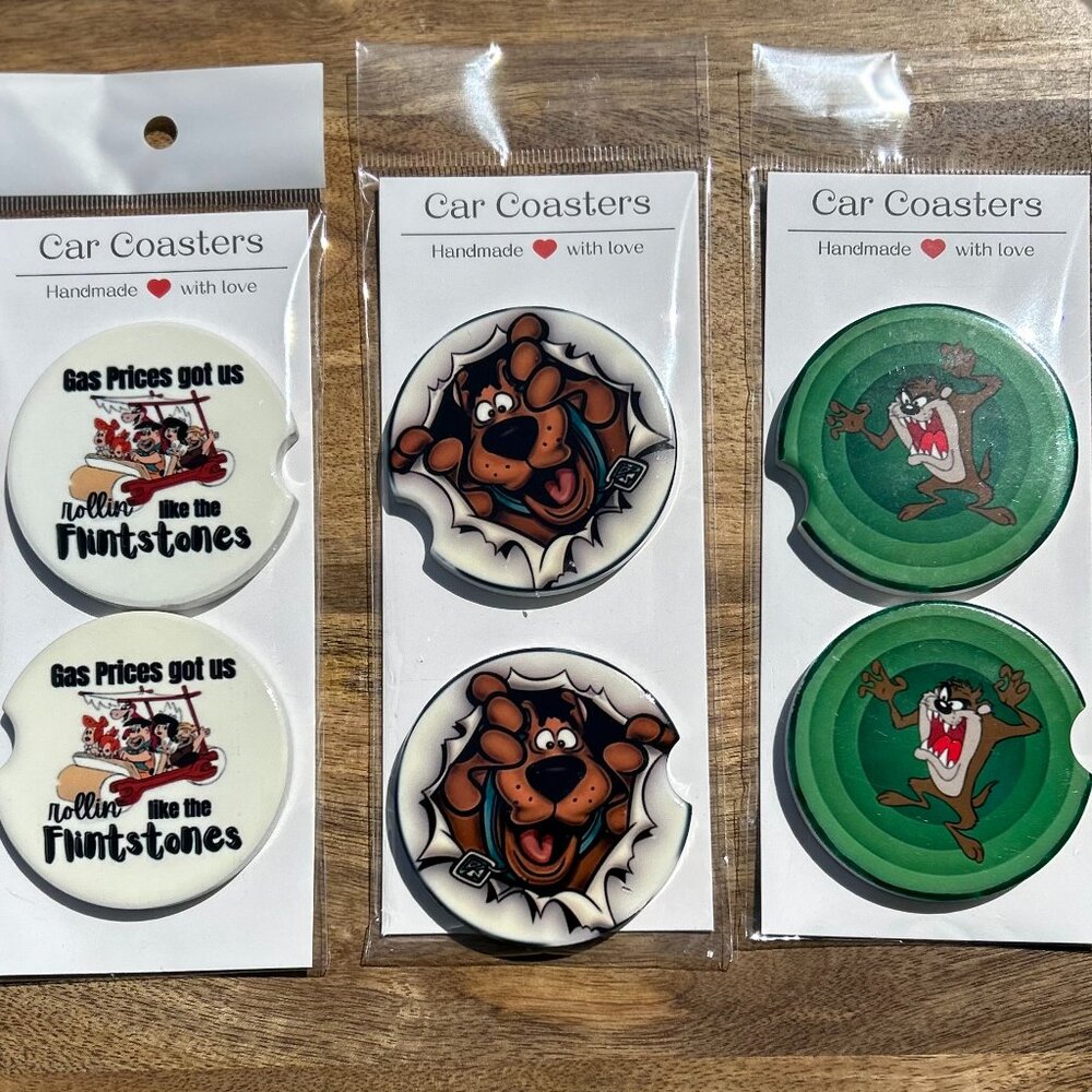 Set of 2.5" Ceramic Car Coasters with Notch, Cartoon Themed